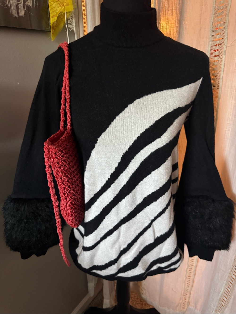 Abstract Black & White Turtleneck Sweater with Fluffy Fur Cuff Detail